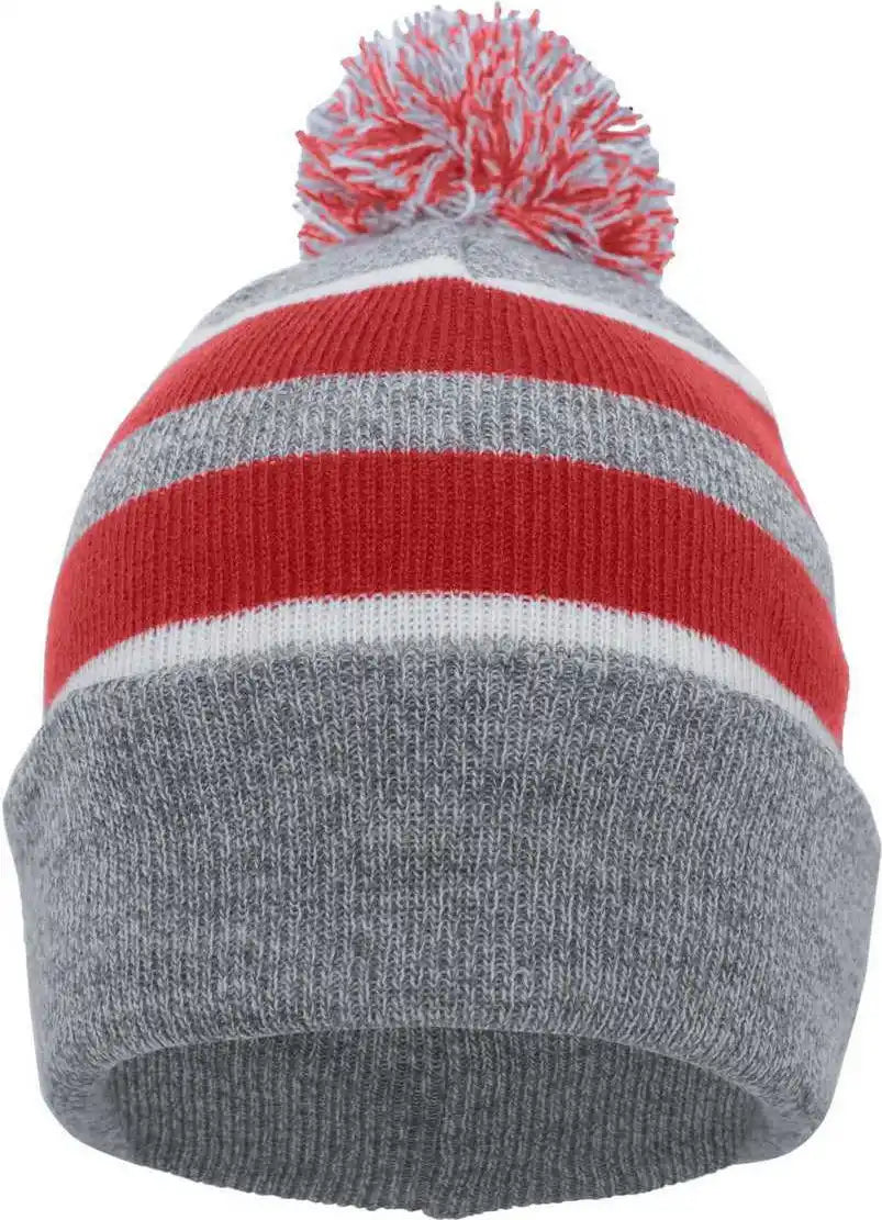 Pacific Headwear 641k Pom-pom Cuff Beanie - Heather Gray Red White - 7’’ - 7 7/8’’