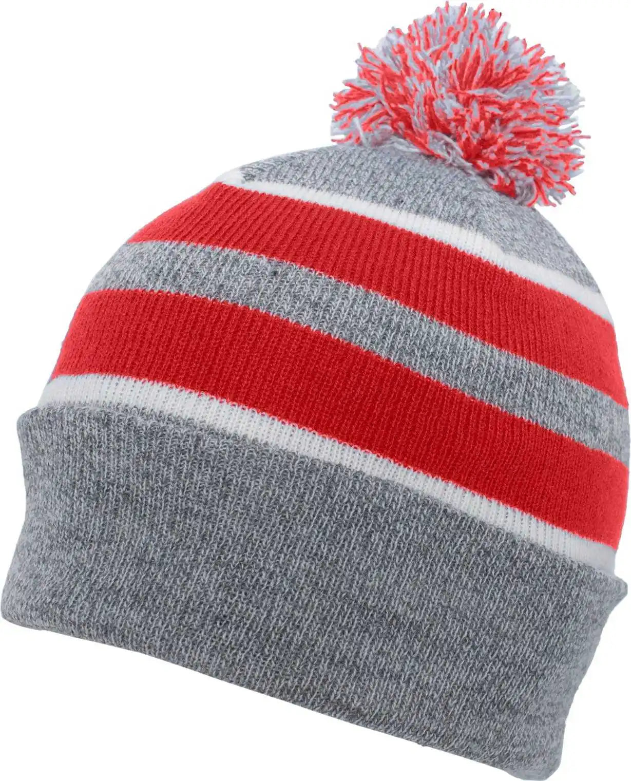 Pacific Headwear 641k Pom-pom Cuff Beanie - Heather Gray Red White - 7’’ - 7 7/8’’