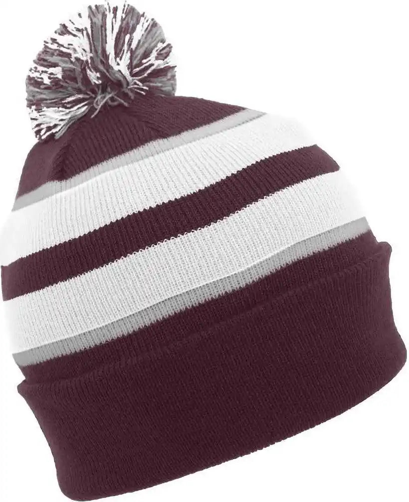 Pacific Headwear 641k Pom Cuff Beanie Maroon White Silver / 7’’ 7 7/8’’
