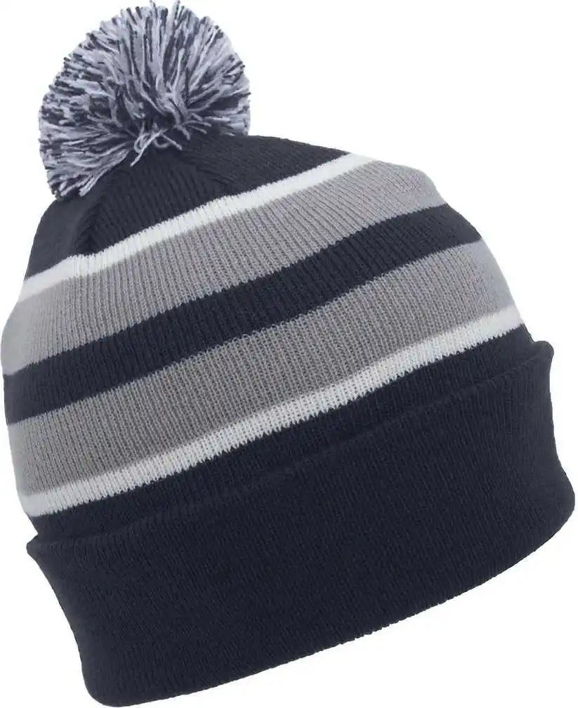 Pacific Headwear 641k Pom Cuff Beanie Navy Silver White Light Gray / 7’’ 7 7/8’’