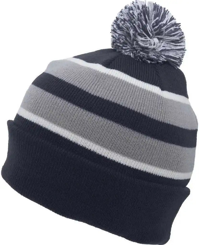 Pacific Headwear 641k Pom Cuff Beanie Navy Silver White Light Gray / 7’’ 7 7/8’’
