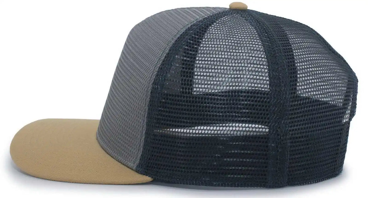 Pacific Headwear 724 Mesh Overlay 5-panel Trucker Snapback Cap - Gold Gray Slate Blue - Dark / 7’’ - 7 7/8’’