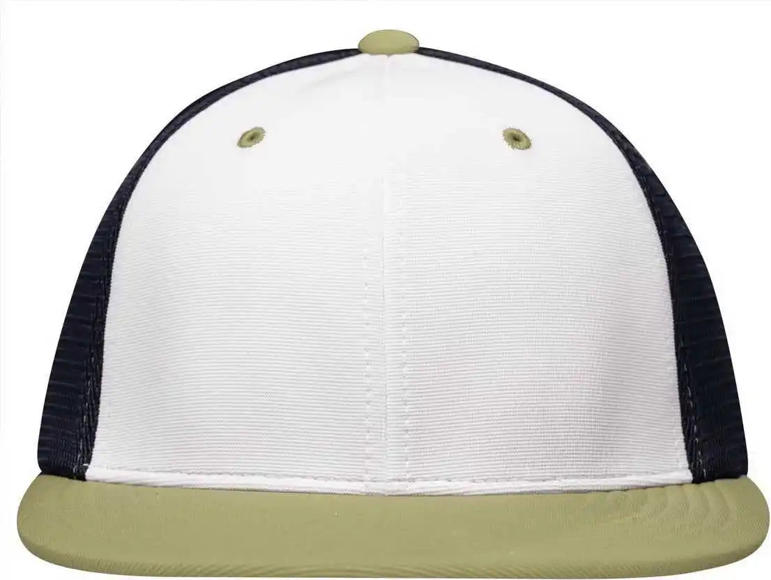 Pacific Headwear Es341 Premium M2 Performance Trucker Flexfit Cap - White Navy Vegas Gold