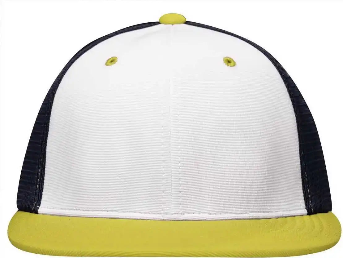Pacific Headwear Es341 Premium M2 Performance Trucker Flexfit Cap - White Navy Gold