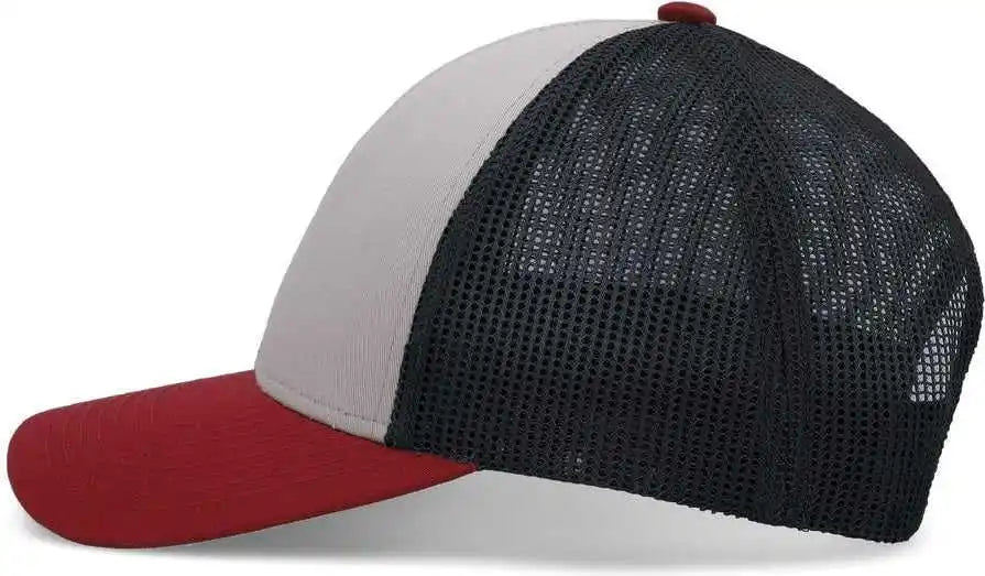 Pacific Headwear P114 Low-pro Trucker Cap - Heather Grey Light Charcoal Varsity Red