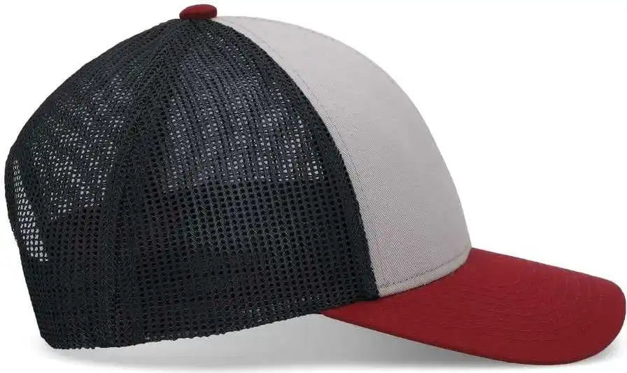 Pacific Headwear P114 Low-pro Trucker Cap - Heather Grey Light Charcoal Varsity Red
