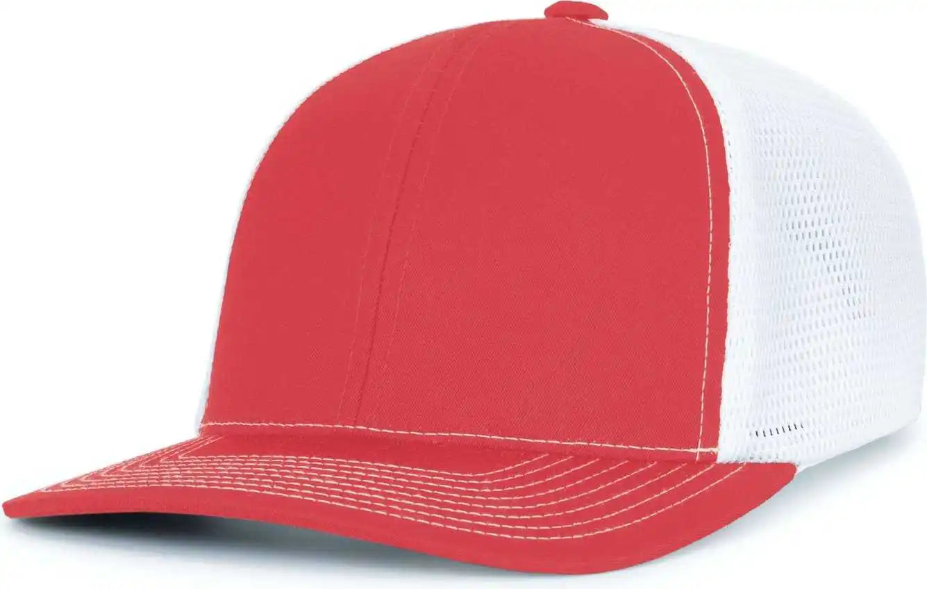 Pacific Headwear P151s Contrast Stitch Trucker Pacflex Snapback Cap - Red White - 7’’ 7 7/8’’