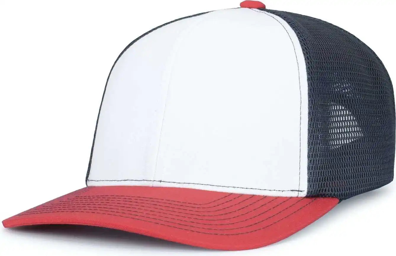 Pacific Headwear P151s Contrast Stitch Trucker Pacflex Snapback Cap - White Navy Red - 7’’ 7 7/8’’