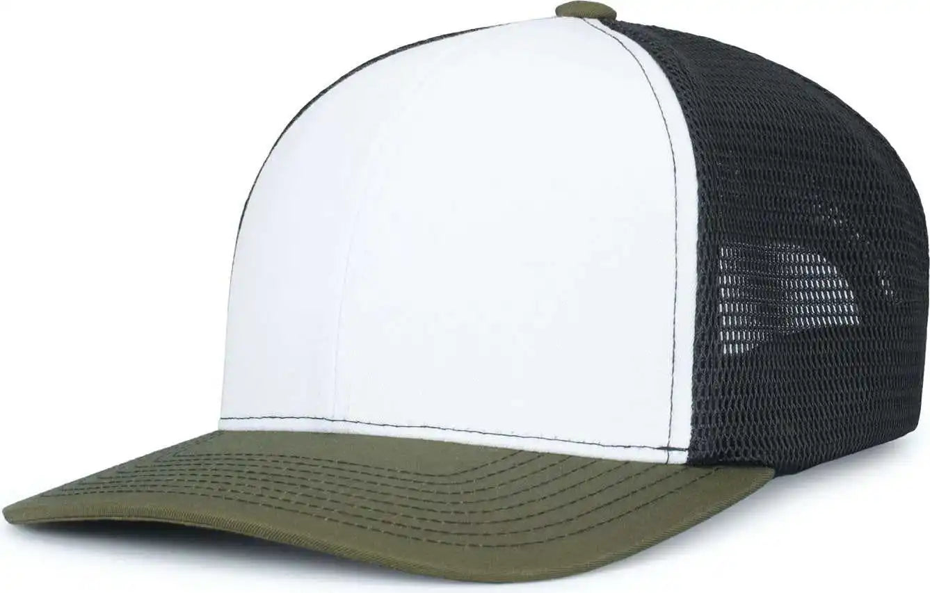 Pacific Headwear P151s Contrast Stitch Trucker Pacflex Snapback Cap - White Light Charcoal Moss - Olive / 7’’ 7 7/8’’