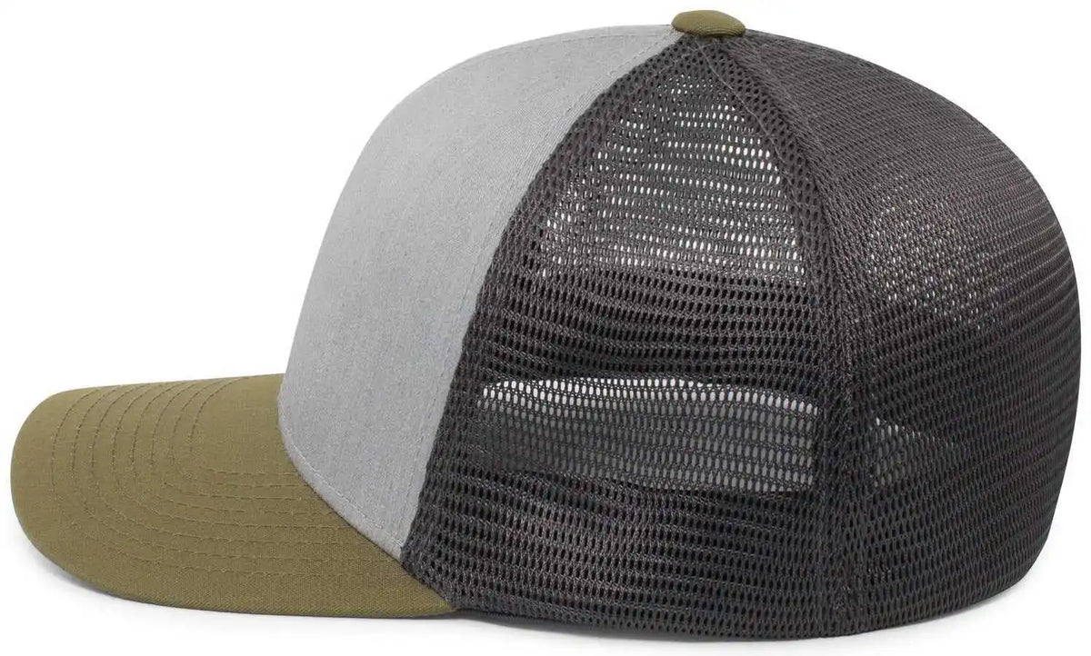 Pacific Headwear P401 Fusion Trucker Cap - Heather Grey Lt Charcoal Moss Green