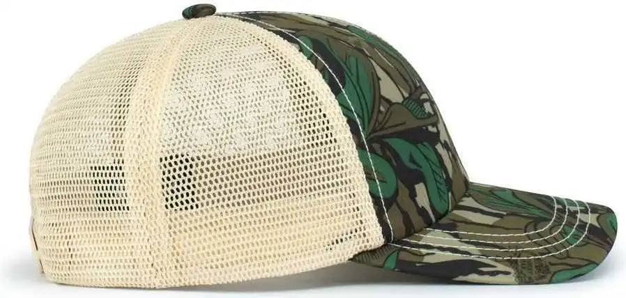 Pacific Headwear P640 Vintage Mossy Oak Trucker Cap Greenleaf Tan Ivory / 7’’ 7 7/8’’