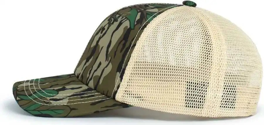 Pacific Headwear P640 Vintage Mossy Oak Trucker Cap Greenleaf Tan Ivory / 7’’ 7 7/8’’