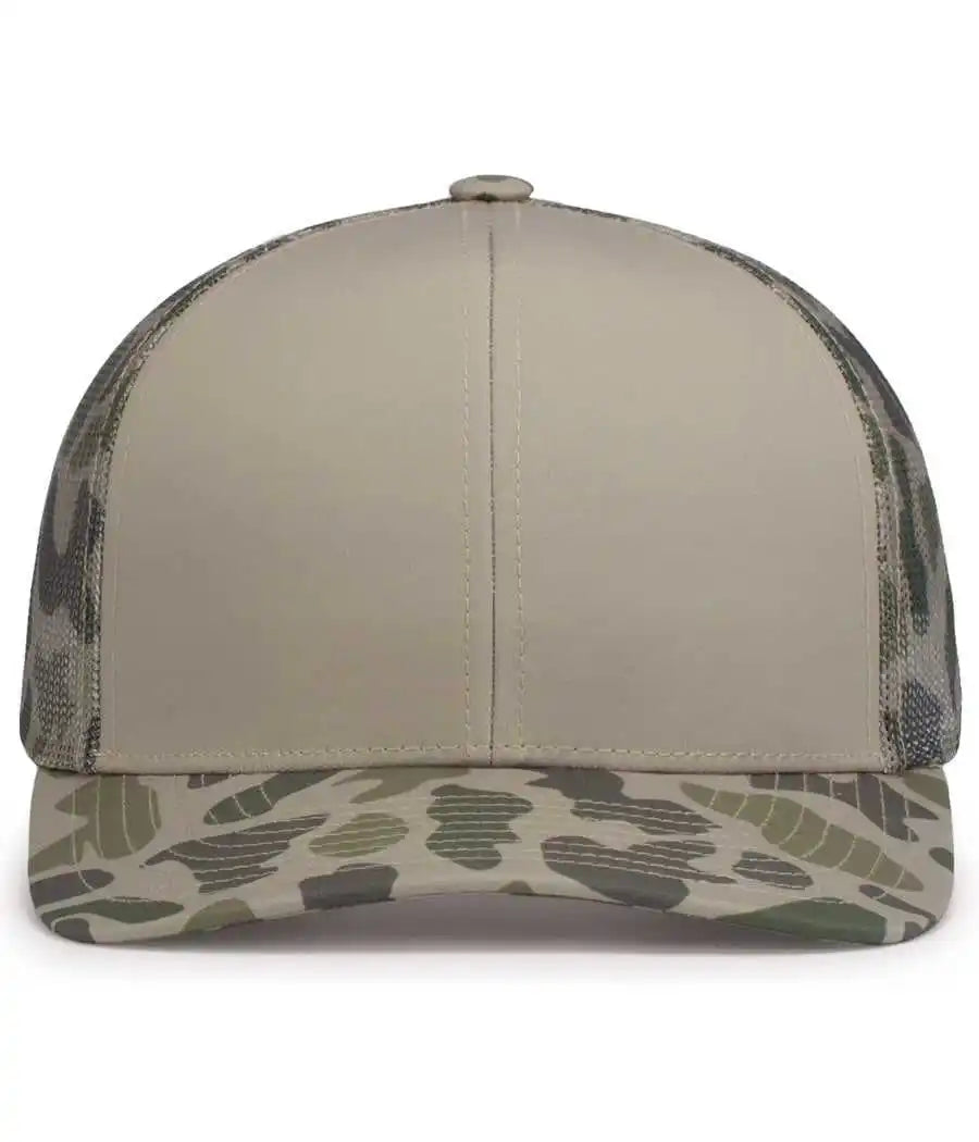 Pacific Headwear P686 Duck Camo Trucker Snapback Cap - Khaki Coastland - 7’’ - 7 7/8’’