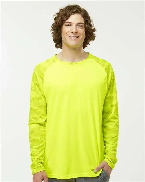 Paragon 216 Cayman Performance Camo Colorblocked Long Sleeve T-shirt - Safety Green