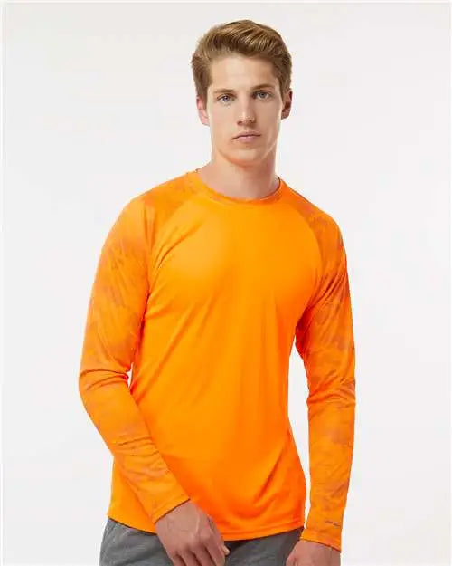Paragon 216 Cayman Performance Camo Colorblocked Long Sleeve T-shirt - Neon Orange