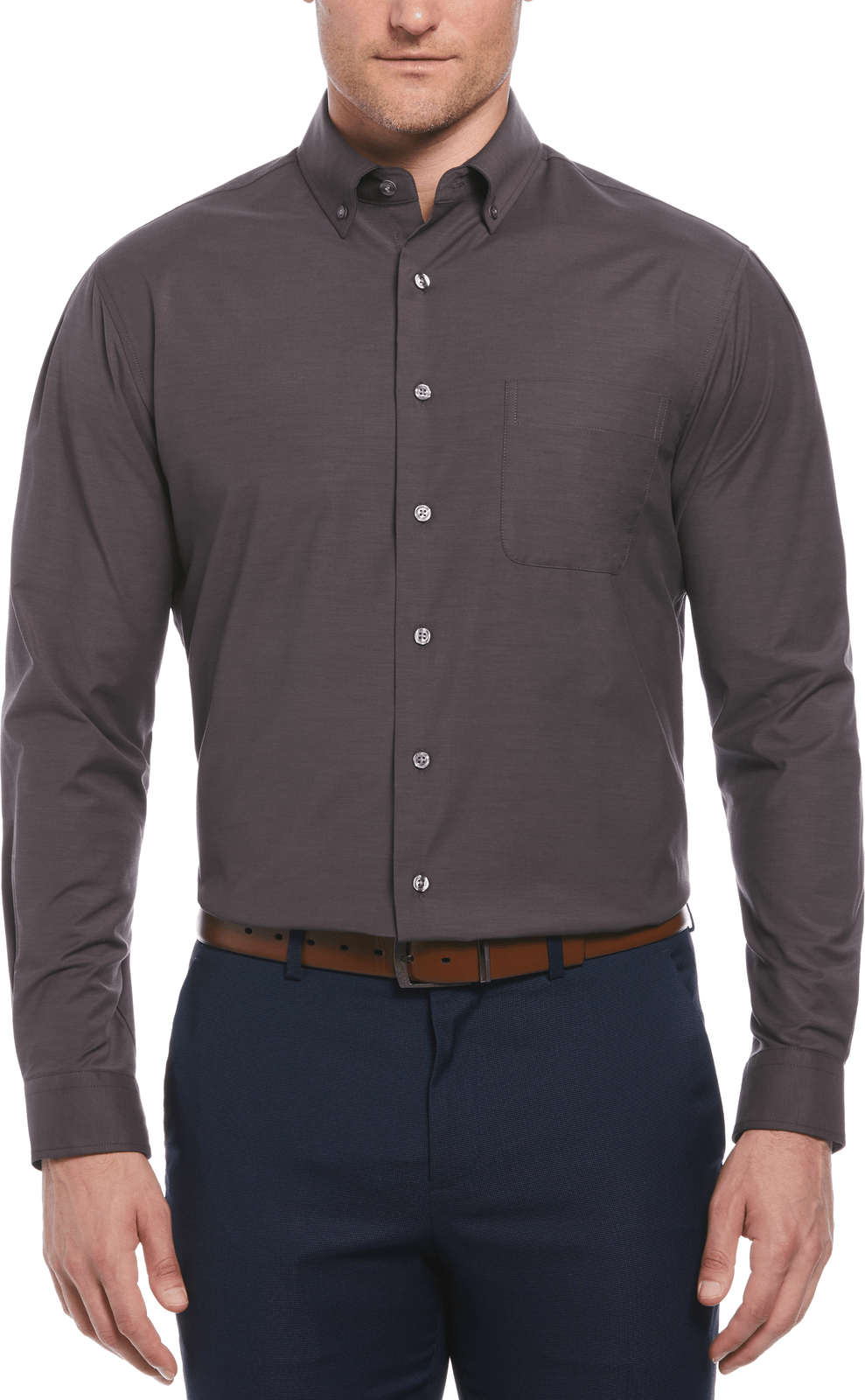 Perry Ellis Golf Pem103 Big and Tall Heathered Long Sleeve Polo Woven Shirt - Caviar
