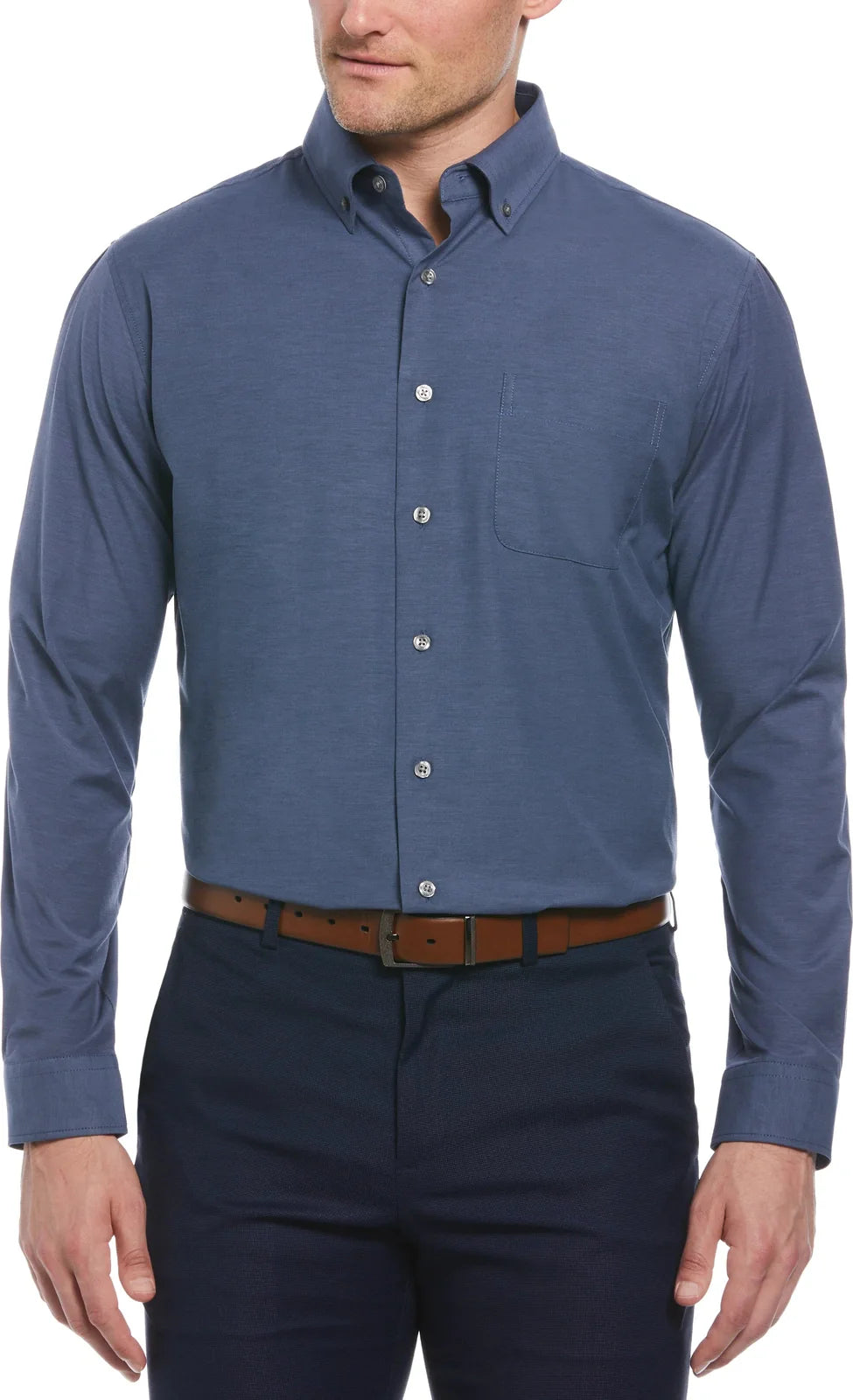 Perry Ellis Golf Pem103 Big and Tall Heathered Long Sleeve Polo Woven Shirt - Classic Navy - Adult s