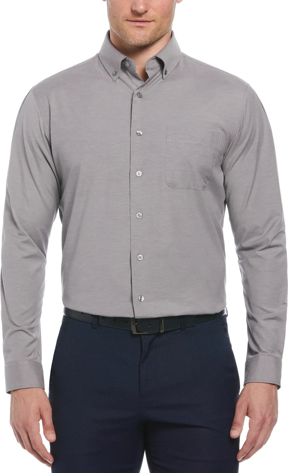 Perry Ellis Golf Pem103x Big and Tall Heathered Long Sleeve Polo Woven Shirt - Quiet Shade - Adult l