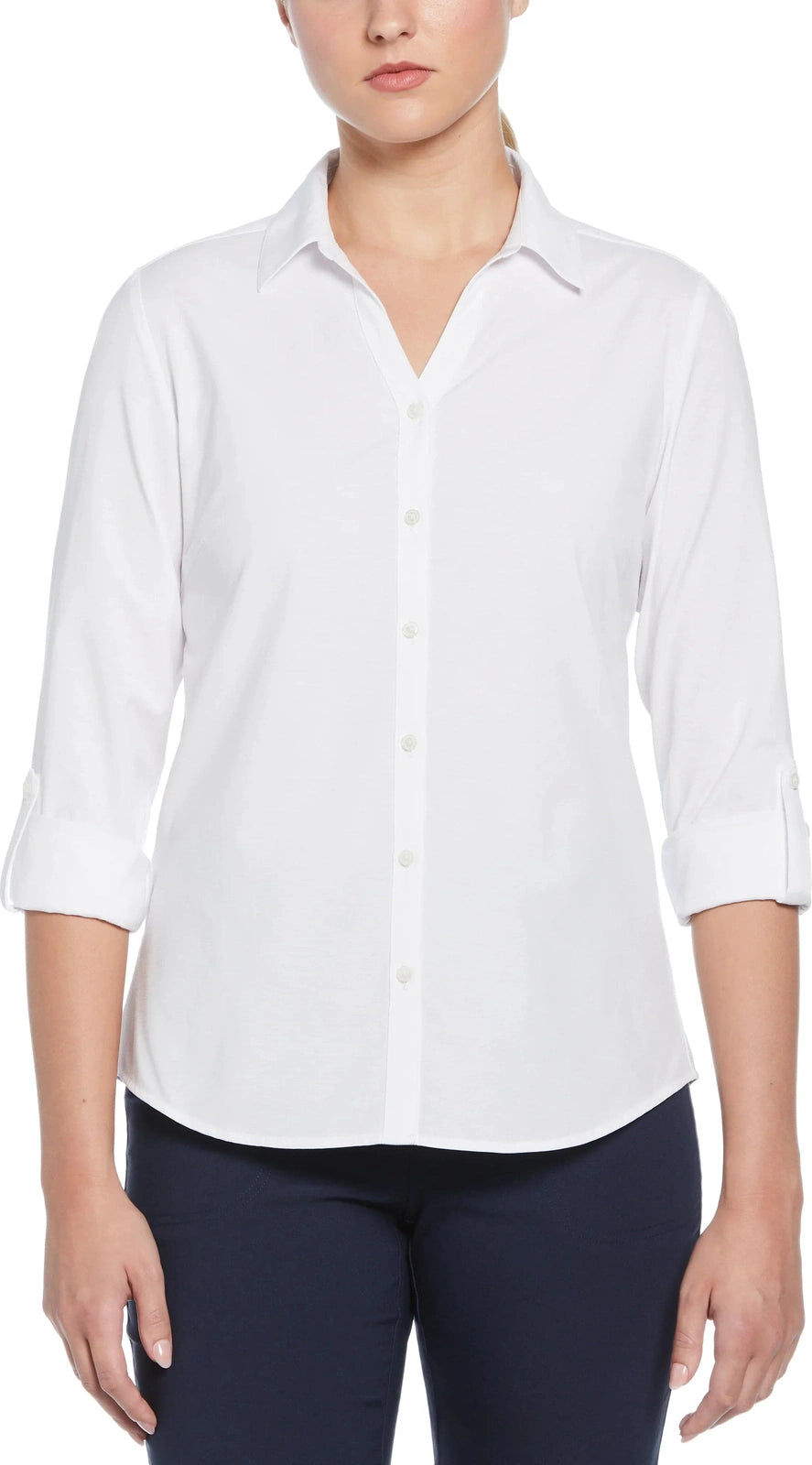 Perry Ellis Golf Pew107 Heather Woven Long Sleeve Button Down Shirt - Bright White - Ladies s