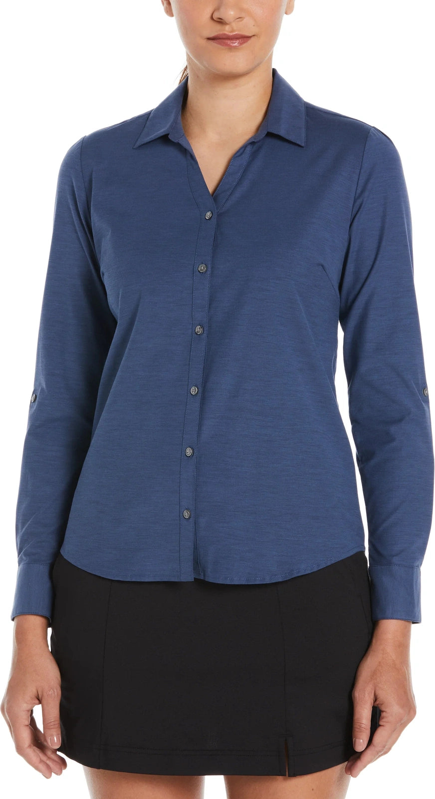 Perry Ellis Golf Pew107 Heather Woven Long Sleeve Button Down Shirt - Classic Navy - Ladies s