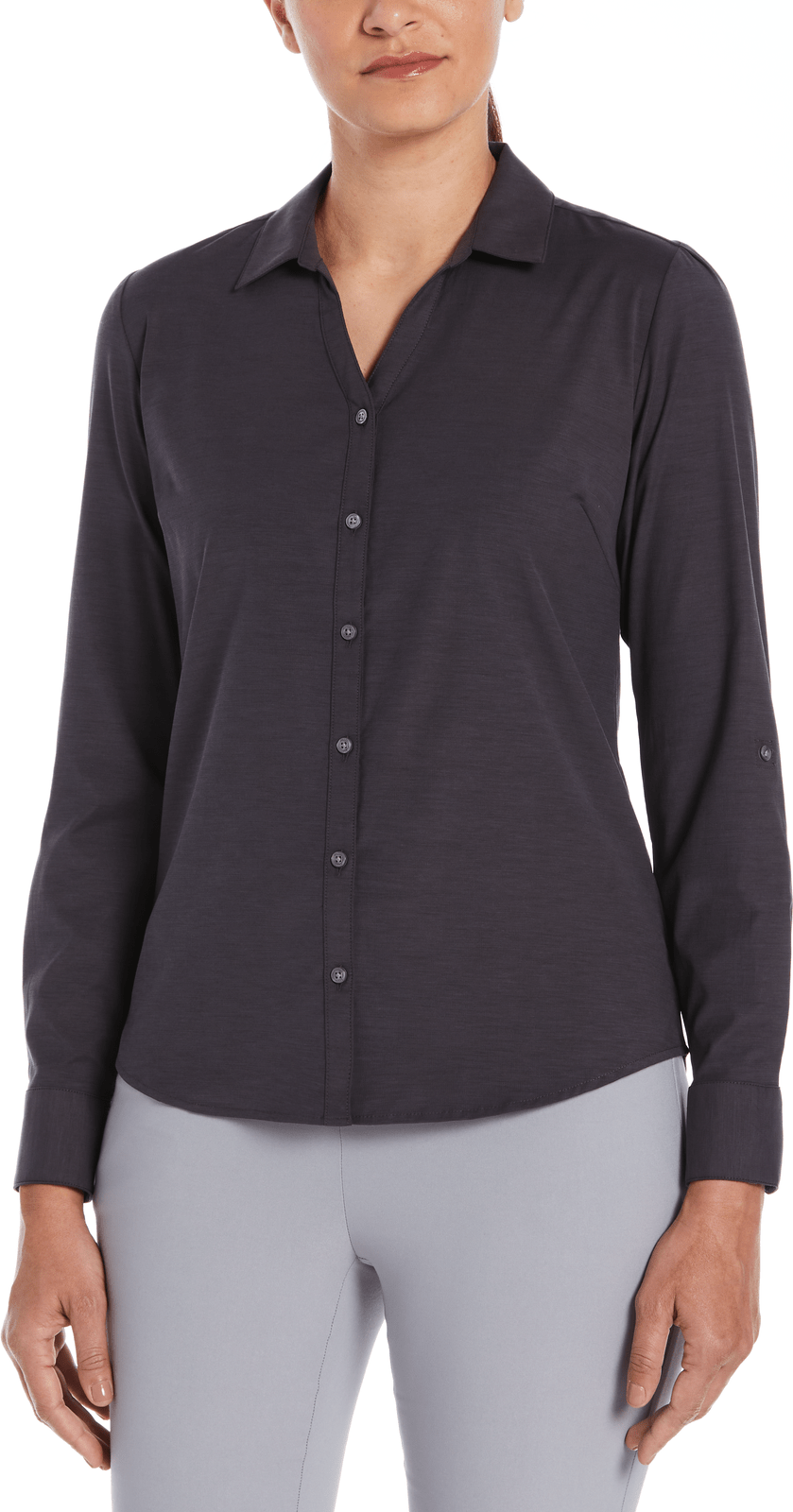 Perry Ellis Golf Pew107 Heather Woven Long Sleeve Button Down Shirt - Caviar
