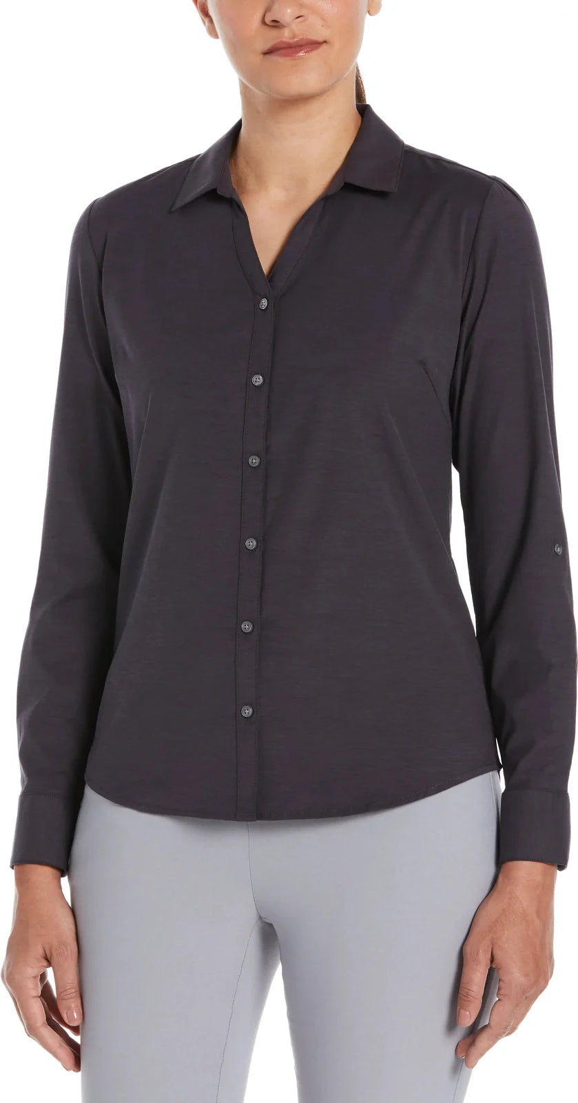 Perry Ellis Golf Pew107 Heather Woven Long Sleeve Button Down Shirt - Caviar - Ladies s