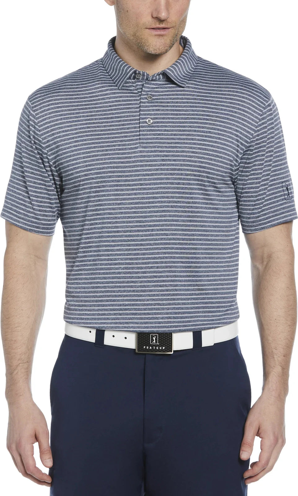 Pga Tour Pgm003 Short Sleeve Heather Strip Feeder Polo - Peacoat Htr