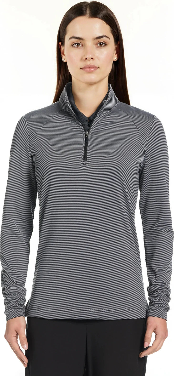 Pga Tour Pgw005 Quarter Zip Feeder Stripe Long Sleeve Golf Shirt - Caviar - Ladies s