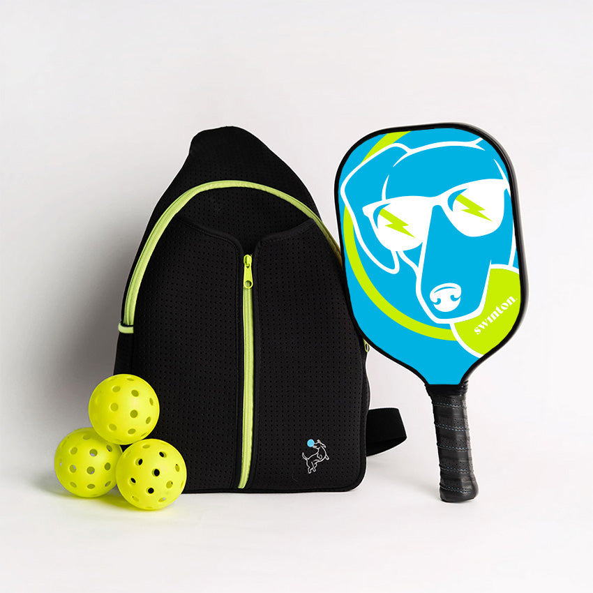 Pickleball Starter Bundle - Black Sling Bag Combo - Hero Paddle - Blue Dog