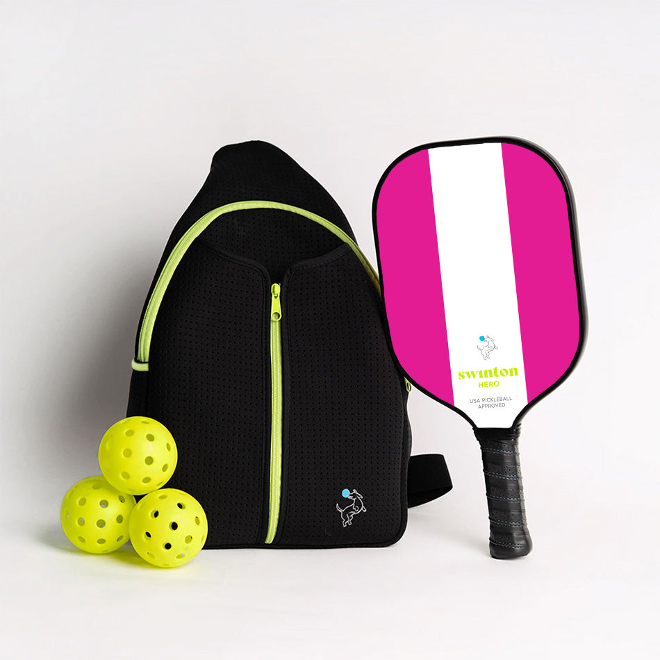 Pickleball Starter Bundle - Black Sling Bag Combo - Hero Paddle - Classic Pink Stripe