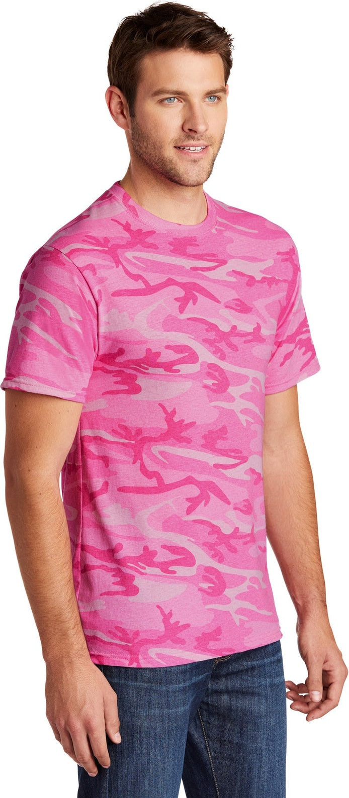 Pink Camo Port & Co Core Cotton Camo Tee. PC54C