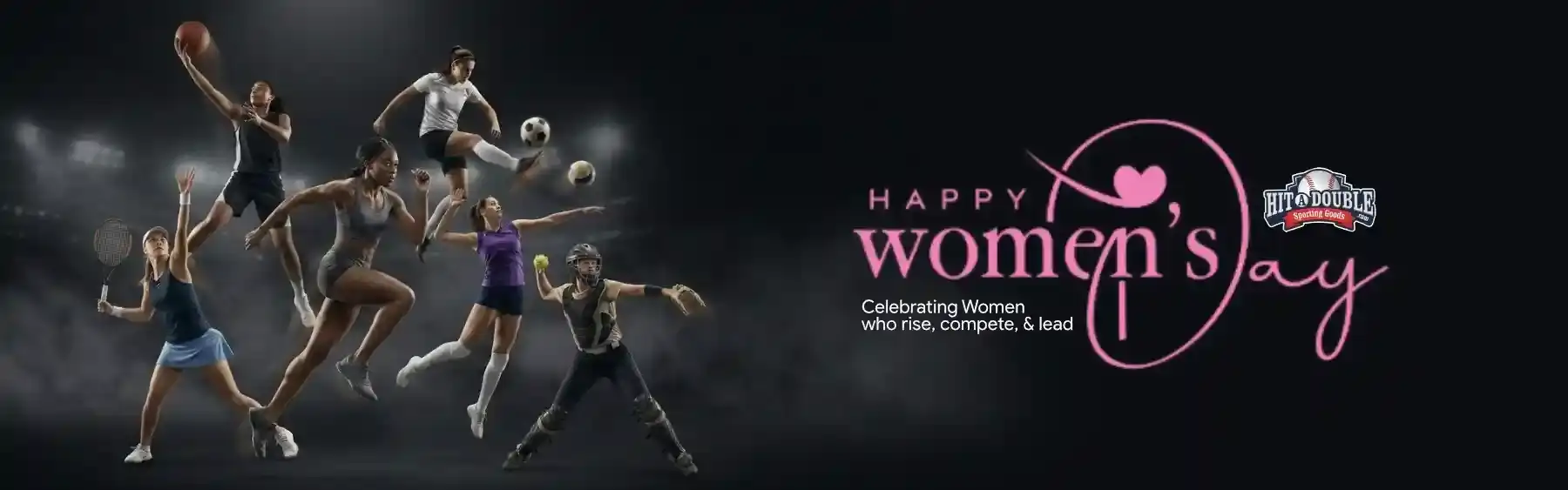 Pink ’happy women’s day’ logo with a heart and the text “celebrating women who rise, compete & lead” alongside the hit-double brand emblem.