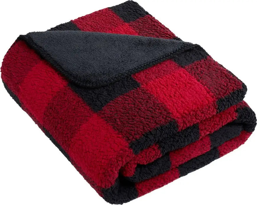 Port Authority Bp48 Double-sided Sherpa/plush Blanket - Black Red Buffalo Plaid - Black/