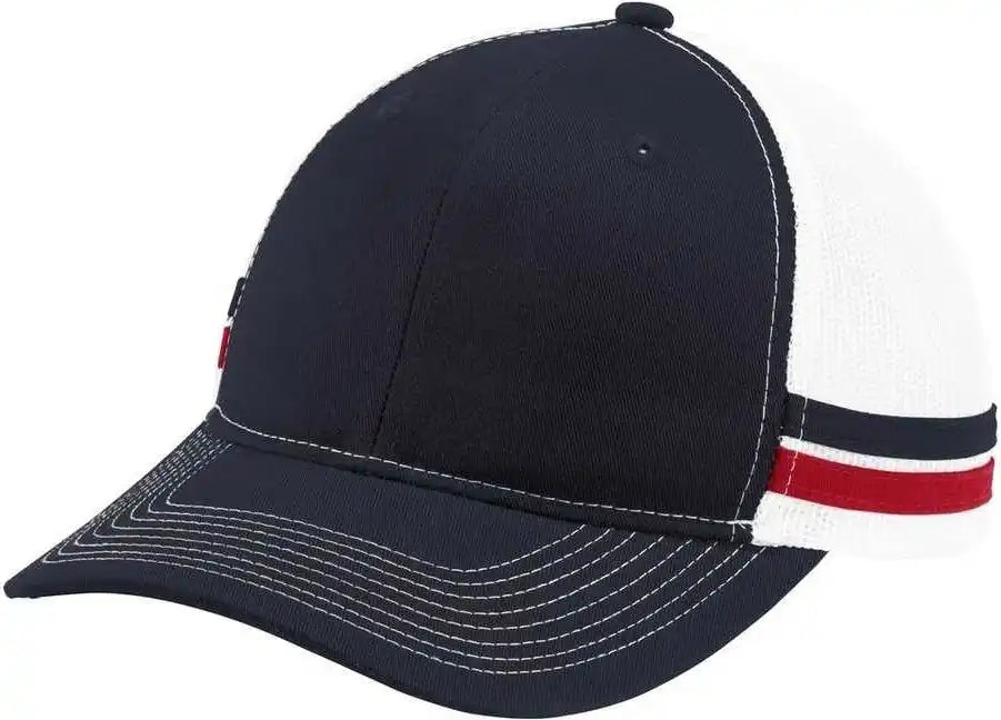Port Authority C113 Two-stripe Snapback Trucker Cap - Rich Navy Flame Red White - one Size Fits Most