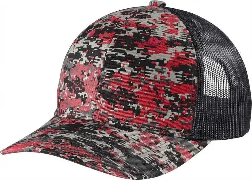 Port Authority C114 Digi Camo Snapback Trucker Cap Flame Red Dig Grey Steel Dark Gray / one Size Fits Most