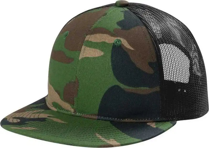 Port Authority C117 Snapback Flat Bill Trucker Cap Woodland Camo Black Muti Color / Adult Osfm