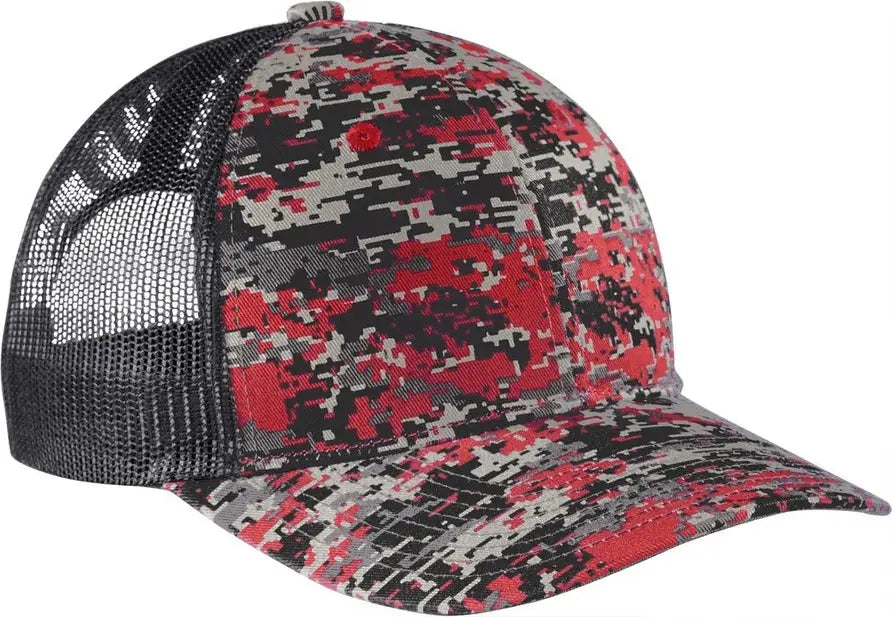 Port Authority C404 Digi Camo Snapback Trucker Cap - Flame Red Gray Steel - Digi/ / Adult Osfa