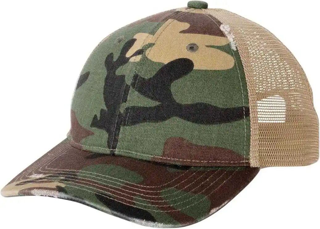 Port Authority C600 Distressed Mesh Back Cap - Military Camo Khaki - Green / one Size Fits Most