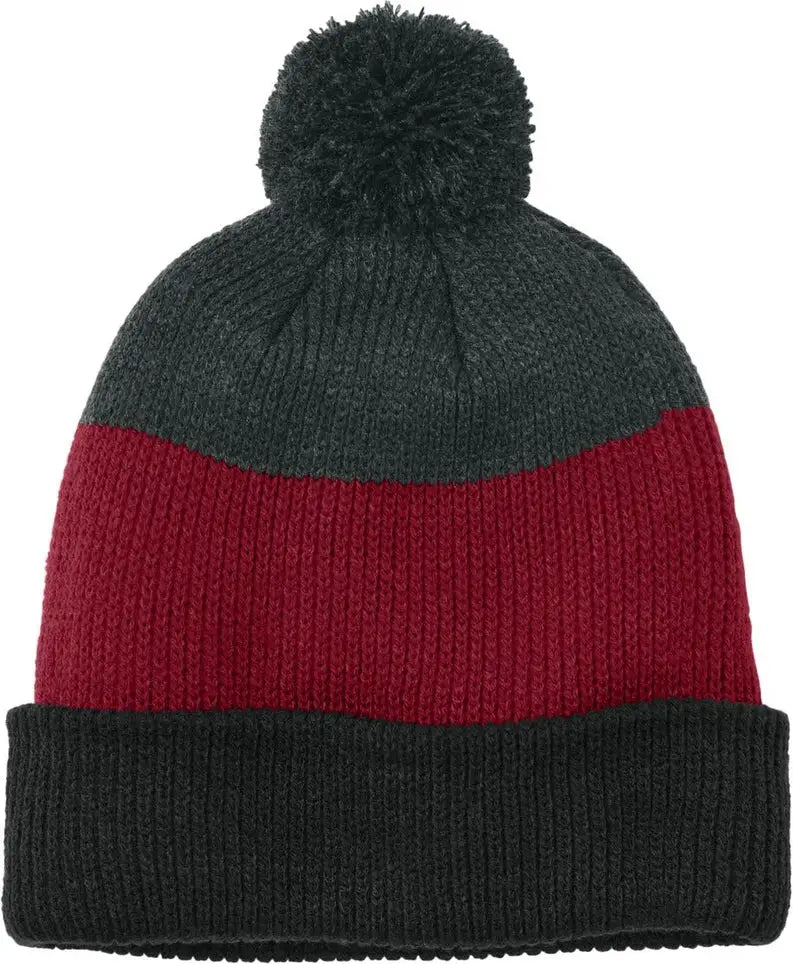 Port Authority C979 Cozy Striped Pom Beanie - Deep Black Rich Red Charcoal Heather - Black/ Red/ / one Size Fits Most