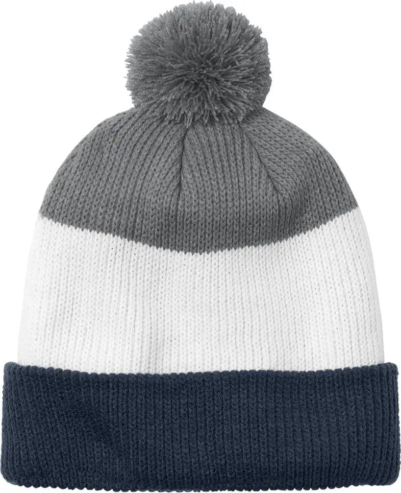 Port Authority C979 Cozy Striped Pom Beanie - River Blue Navy Marshmallow Gusty Gray - Navy/ Marshmallow/ / one Size