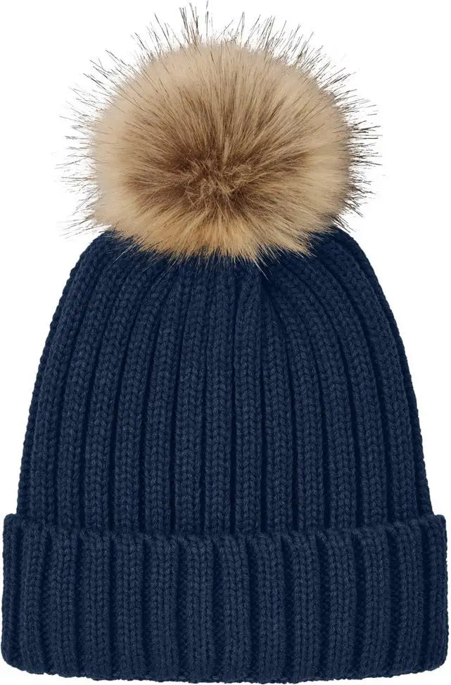 Port Authority C990 Faux Fur Pom Beanie - River Blue Navy - Adult Osfa