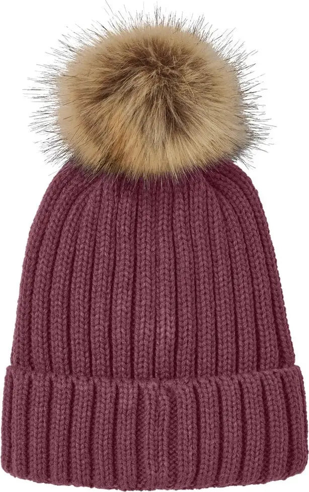 Port Authority C990 Faux Fur Pom Beanie - Rosewood - Adult Osfa