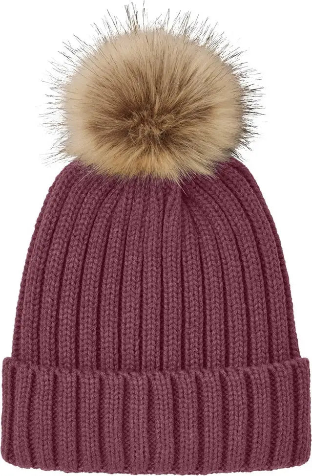 Port Authority C990 Faux Fur Pom Beanie - Rosewood - Adult Osfa