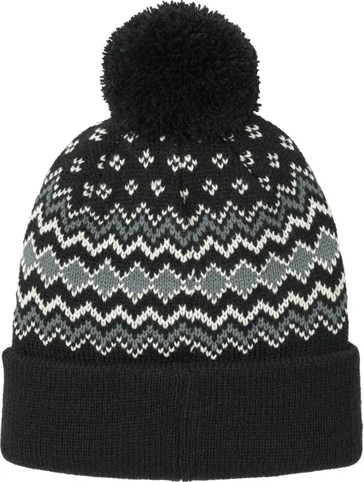 Port Authority C991 Alpine Pom Beanie - Deep Black Gusty Gray Marshmallow - Black/ Gray/ / Adult Osfa