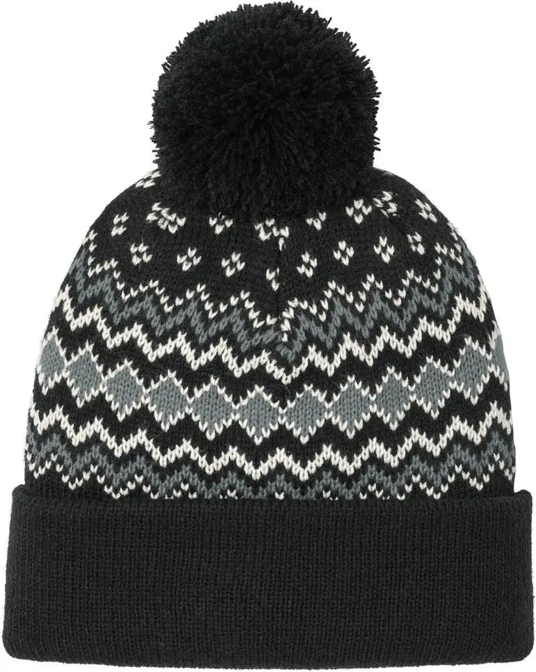 Port Authority C991 Alpine Pom Beanie - Deep Black Gusty Gray Marshmallow - Black/ Gray/ / Adult Osfa