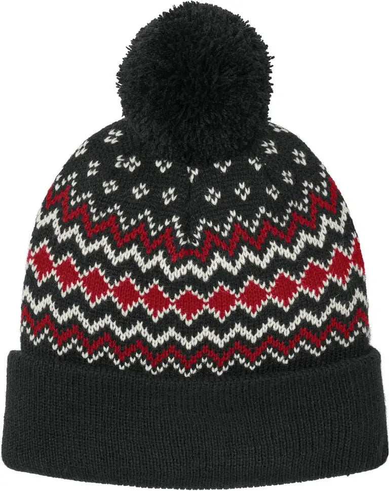 Port Authority C991 Alpine Pom Beanie - Deep Black Rich Red Marshmallow - Black/ Red/ / Adult Osfa