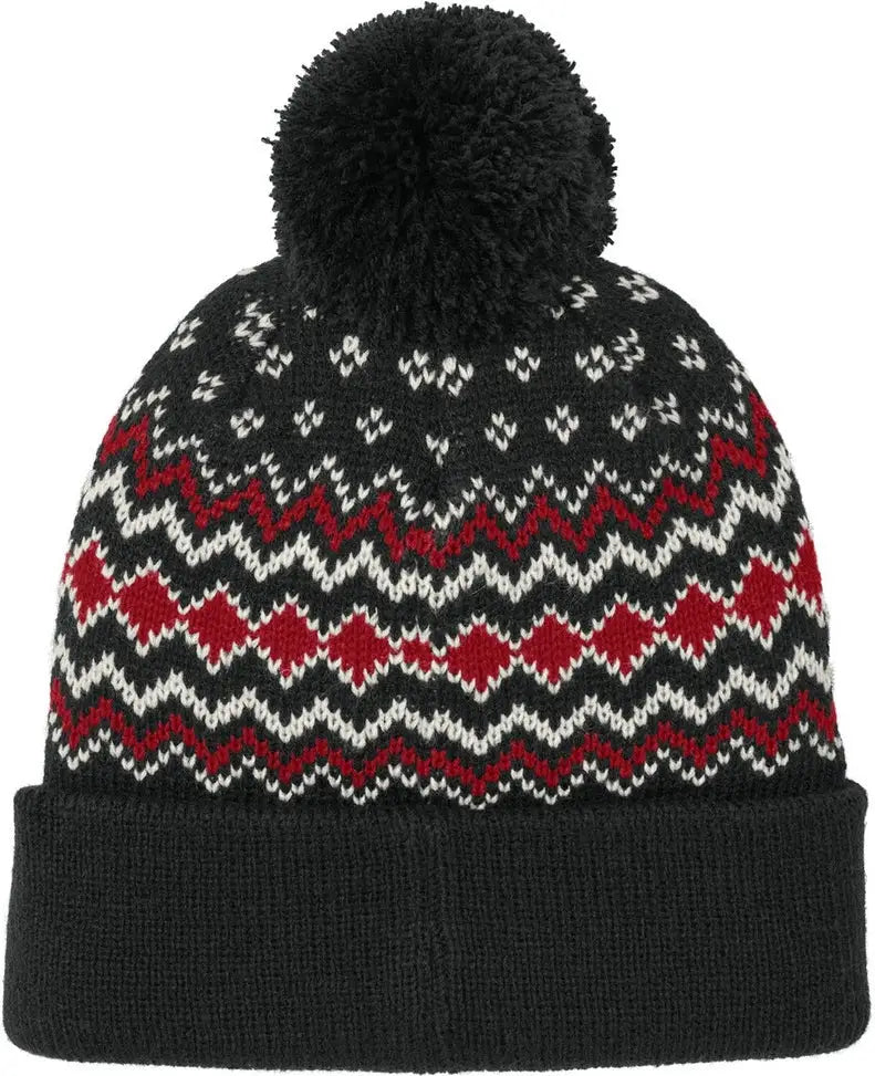 Port Authority C991 Alpine Pom Beanie - Deep Black Rich Red Marshmallow - Black/ Red/ / Adult Osfa