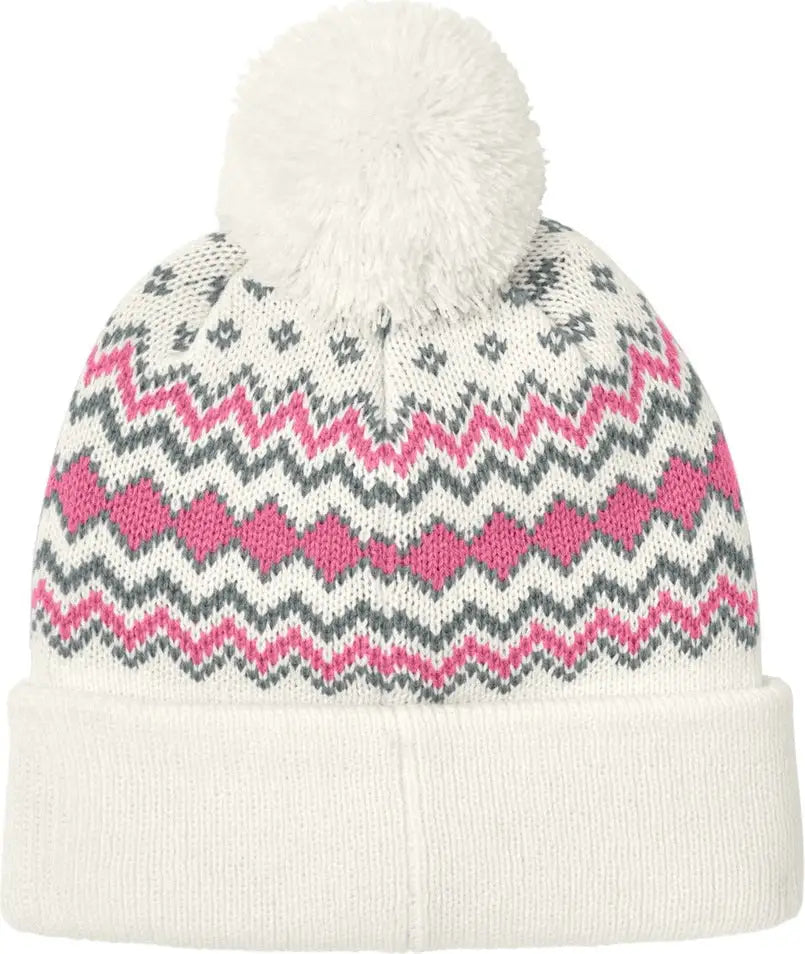 Port Authority C991 Alpine Pom Beanie - Marshmallow Awareness Pink Gusty Gray - Marshmallow/ Pink/ / Adult Osfa
