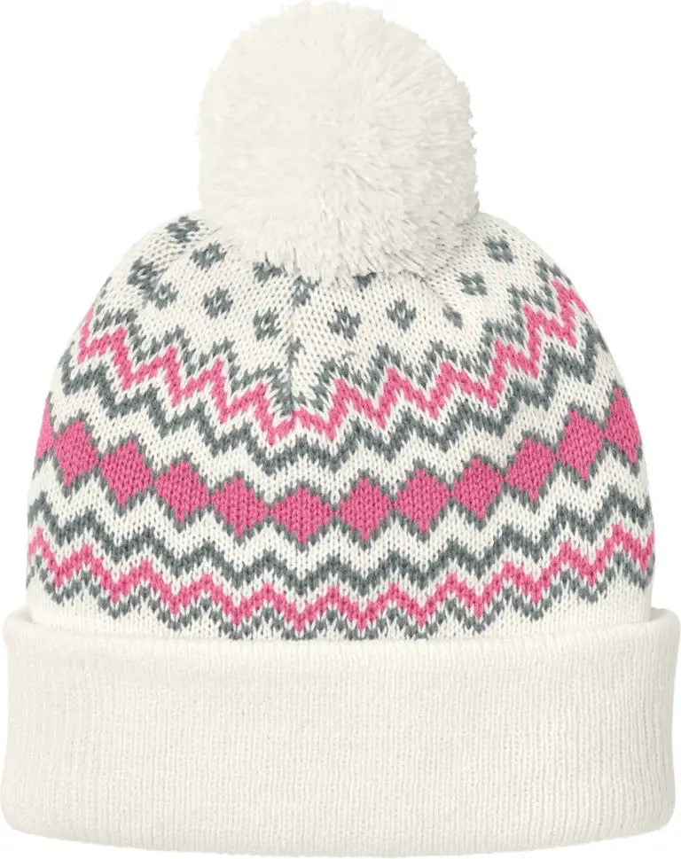 Port Authority C991 Alpine Pom Beanie - Marshmallow Awareness Pink Gusty Gray - Marshmallow/ Pink/ / Adult Osfa