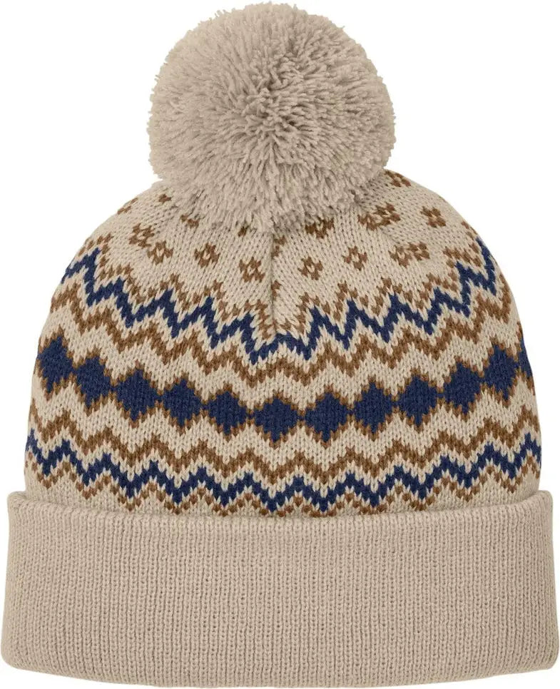 Port Authority C991 Alpine Pom Beanie - Sahara True Navy Duck Brown - Sahara/ Navy/ / Adult Osfa